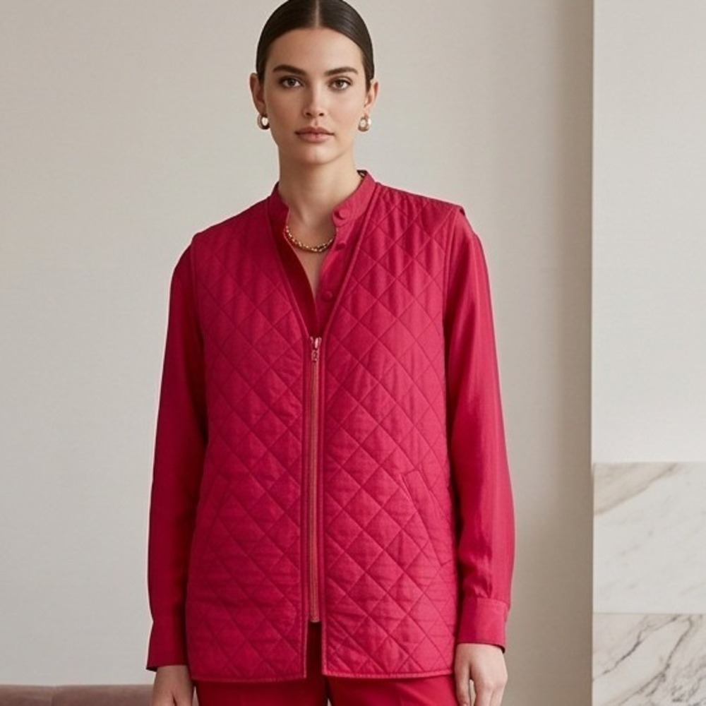EL-LA Design L 2-Piece Quilted Vest and Silk Shirt Set Red Vintage Large NWT